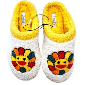 Love 83 Cozy Fleece Scuff Slippers Yellow Daisy Smiley Face Grip Soles Size 9.5
